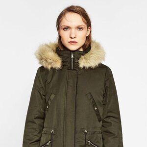 Zara Women's Trafaluc Parka Faux Fur Hooded Winter Insulated Jacket - Green XS